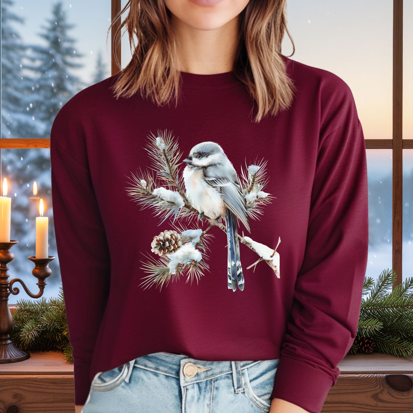 Winter Long-Tailed Tit Bird Long Sleeve Tee