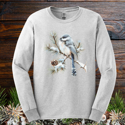 Ash Gildan 2400 long sleeve tee with watercolor long-tailed tit on snowy evergreen branch.