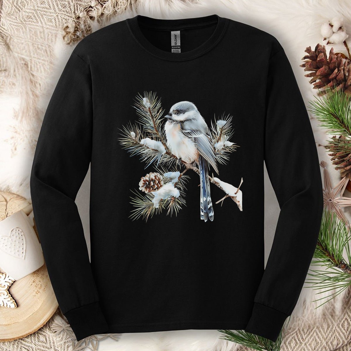 Winter Long-Tailed Tit Bird Long Sleeve Tee