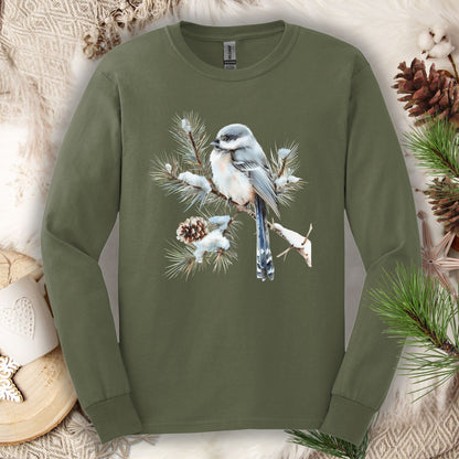 Military Green long-sleeve tee with watercolor long-tailed tit on snowy evergreen branch.
