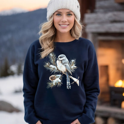 Woman in a navy crewneck sweatshirt with a watercolor long-tailed tit on a snowy evergreen branch.