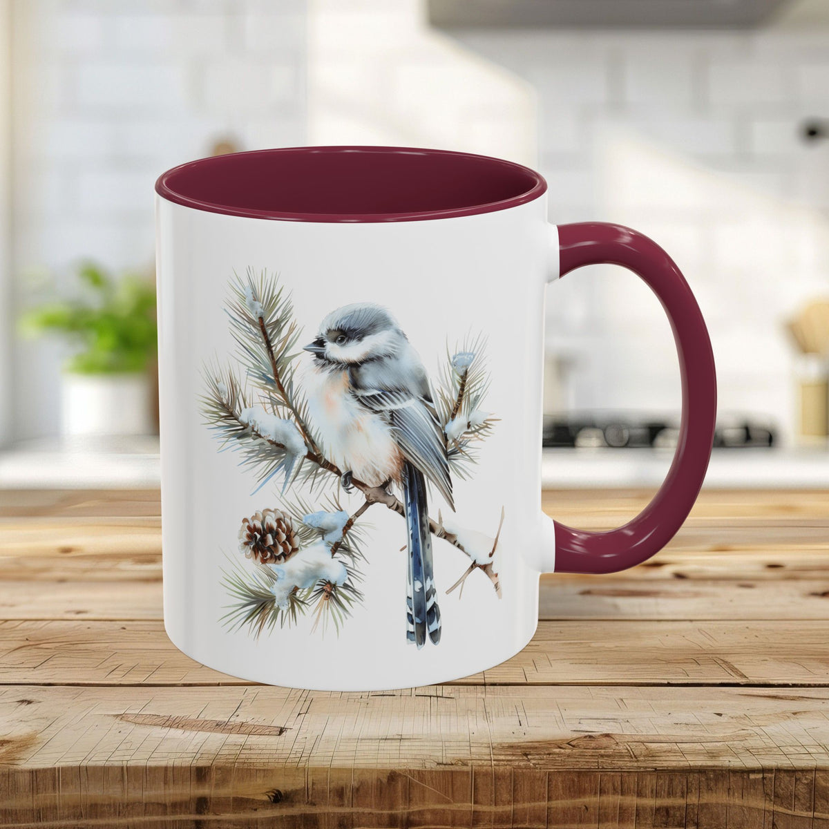 Winter Long Tailed Tit Bird on Pine Branch Mug (11/15oz)