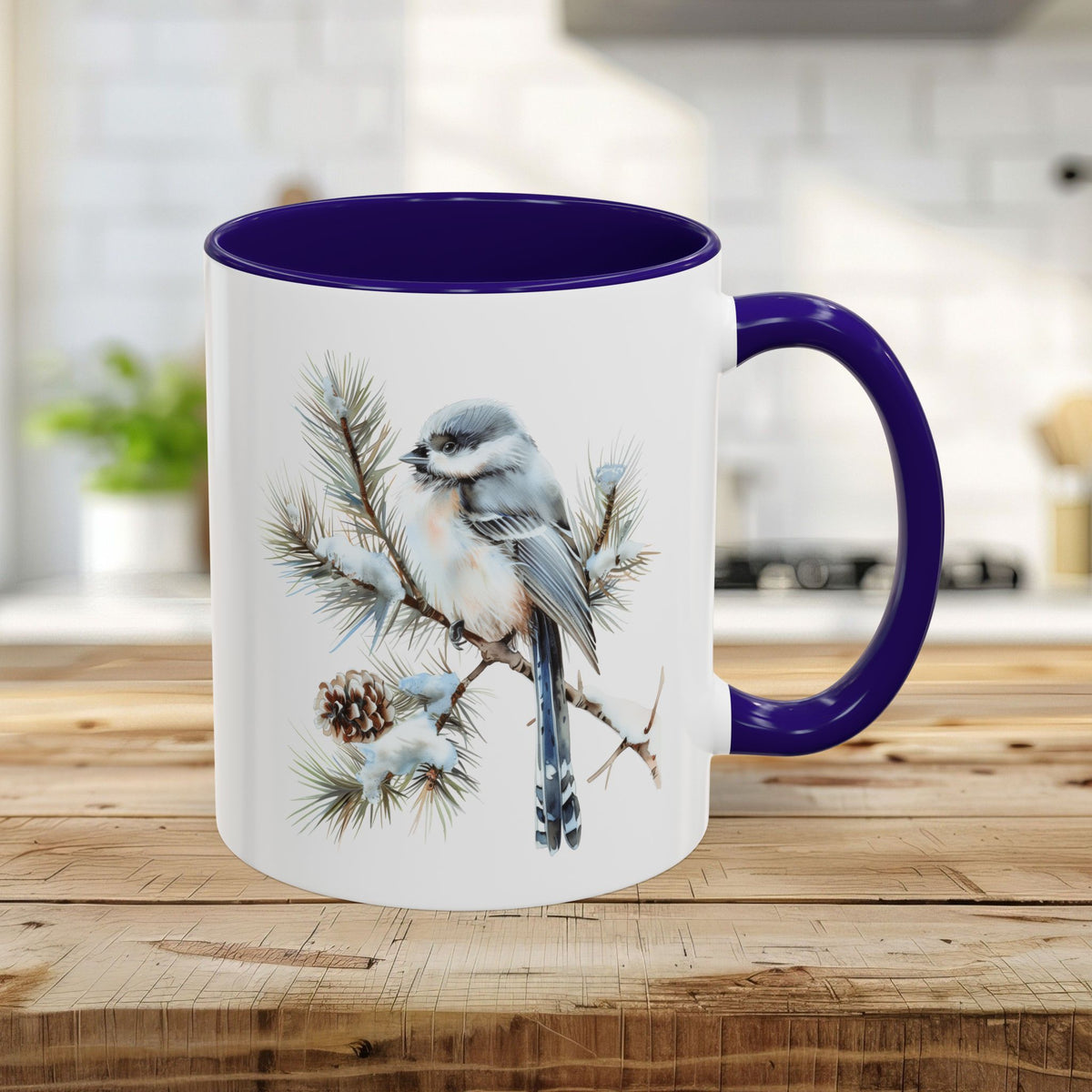 Winter Long Tailed Tit Bird on Pine Branch Mug (11/15oz)