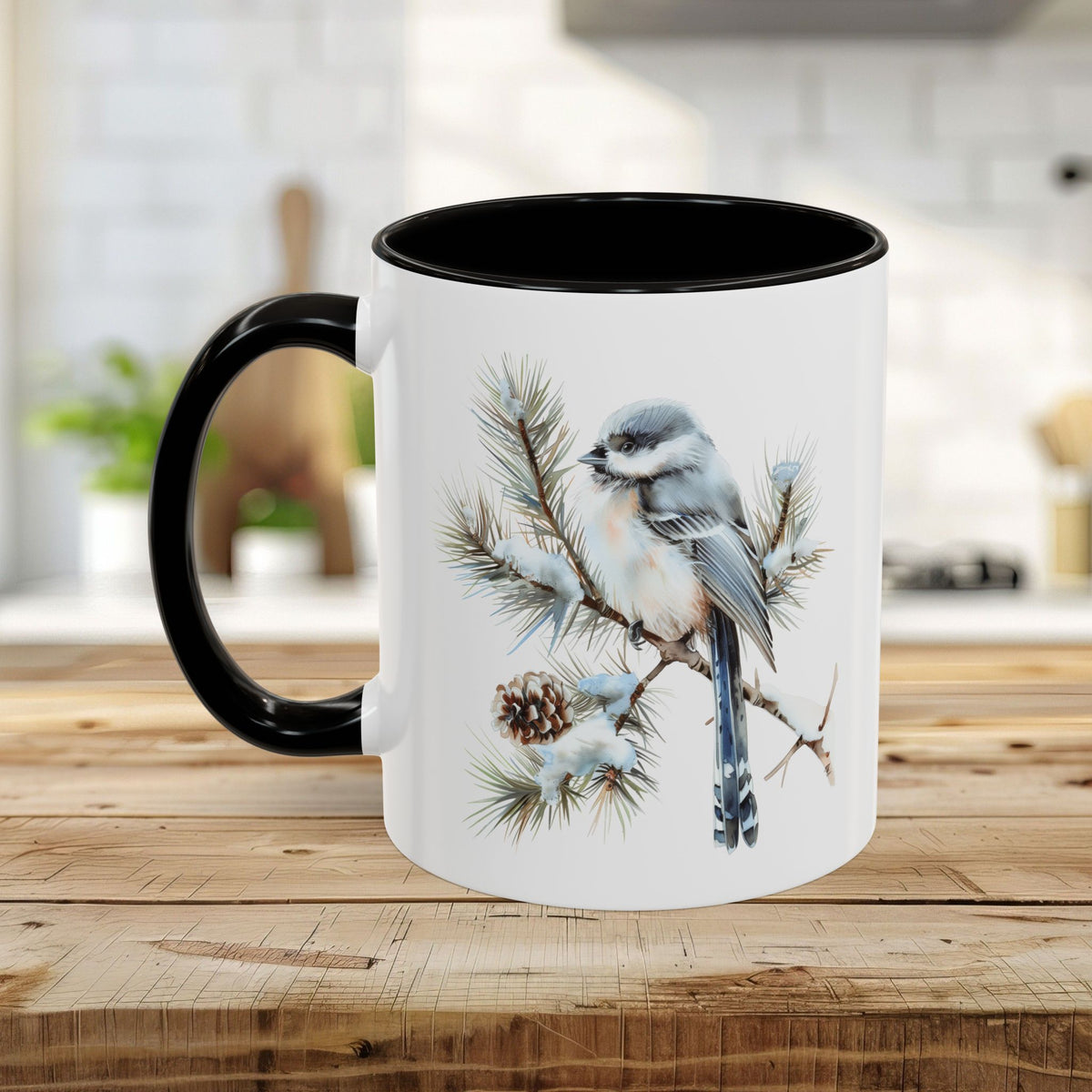 Winter Long Tailed Tit Bird on Pine Branch Mug (11/15oz)