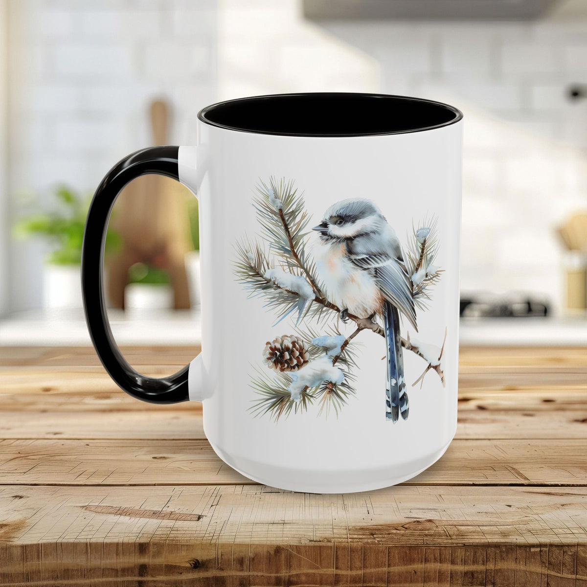 Winter Long Tailed Tit Bird on Pine Branch Mug (11/15oz)