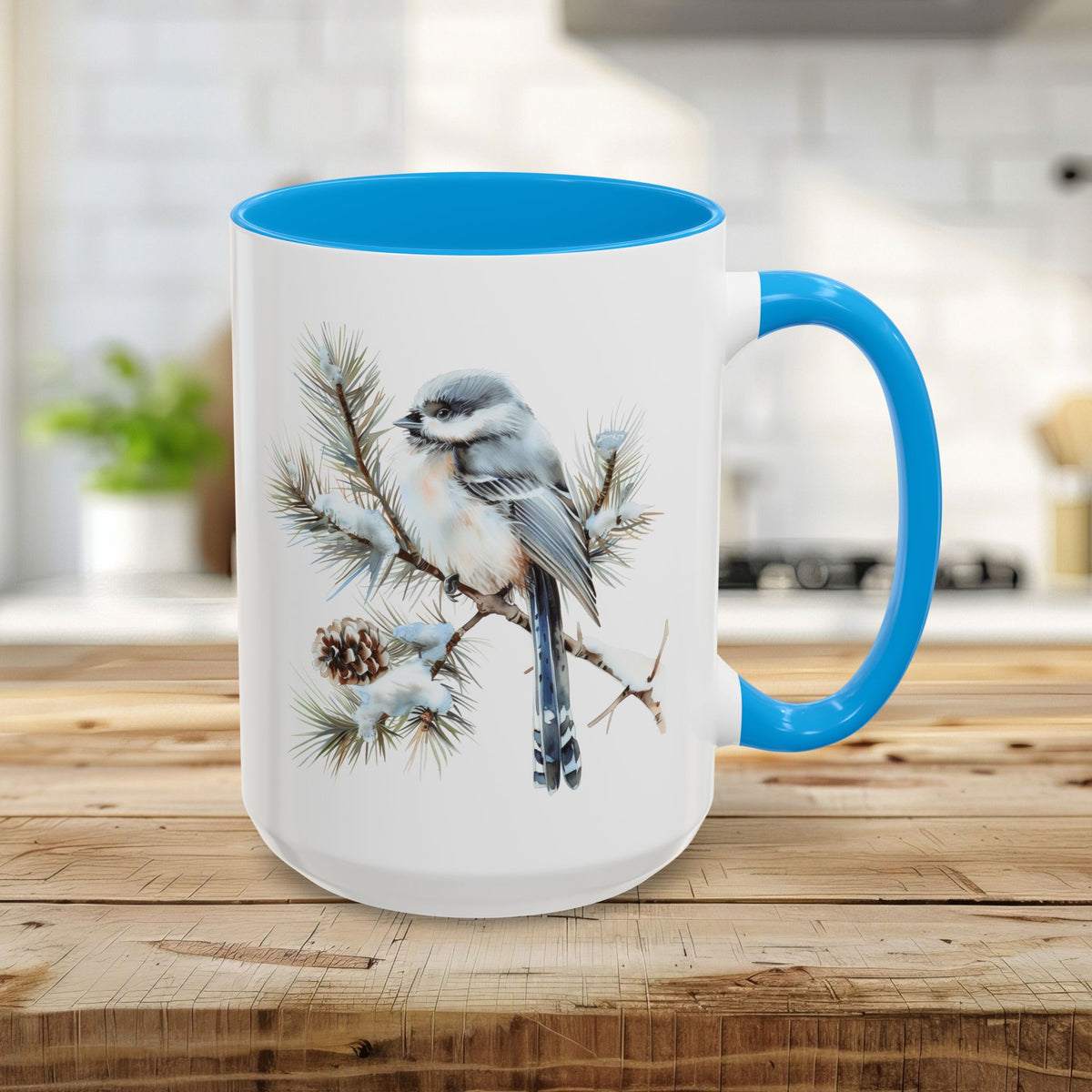 Winter Long Tailed Tit Bird on Pine Branch Mug (11/15oz)