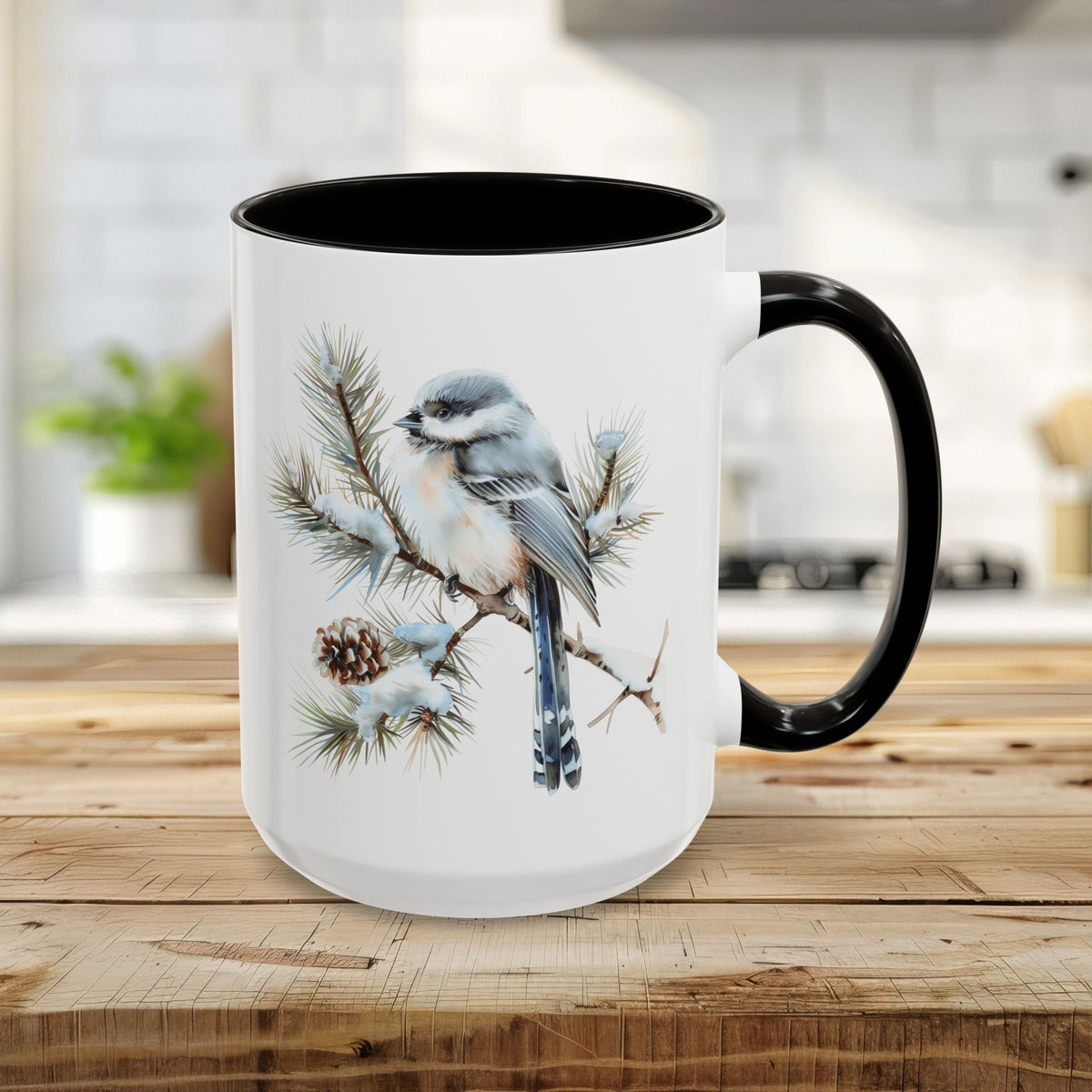 Winter Long Tailed Tit Bird on Pine Branch Mug (11/15oz)