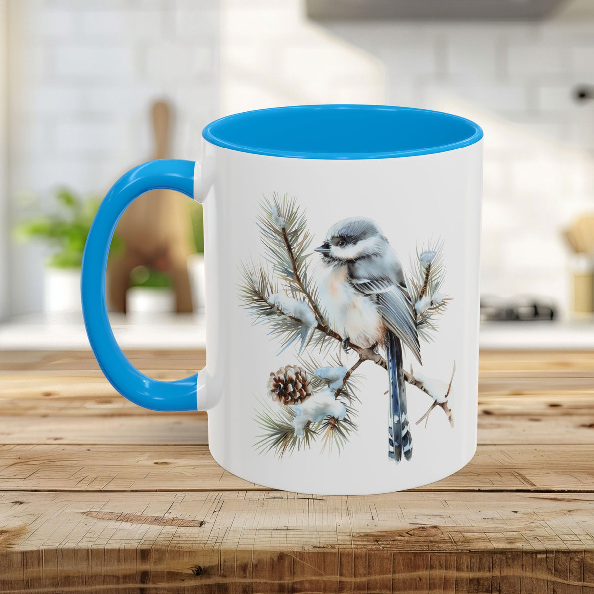 Winter Long Tailed Tit Bird on Pine Branch Mug (11/15oz)