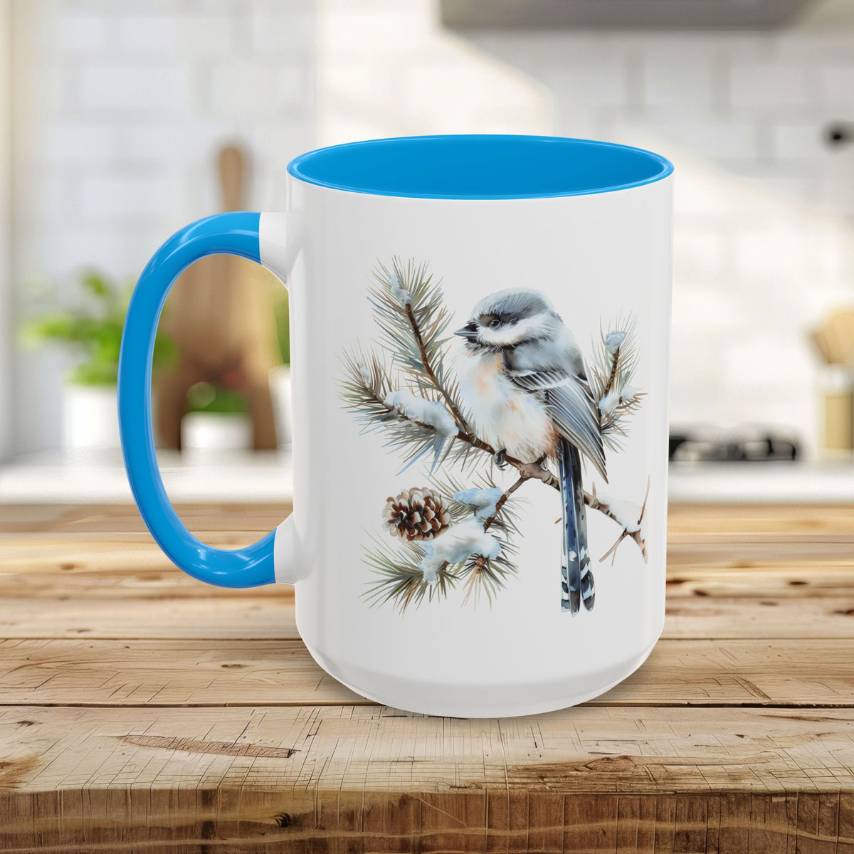 Winter Long Tailed Tit Bird on Pine Branch Mug (11/15oz)