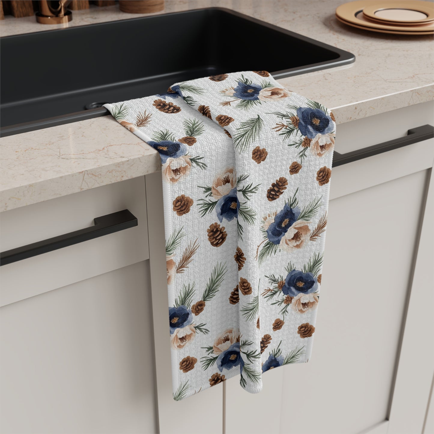 Winter Pinecone & Navy Floral Microfiber Tea Towel