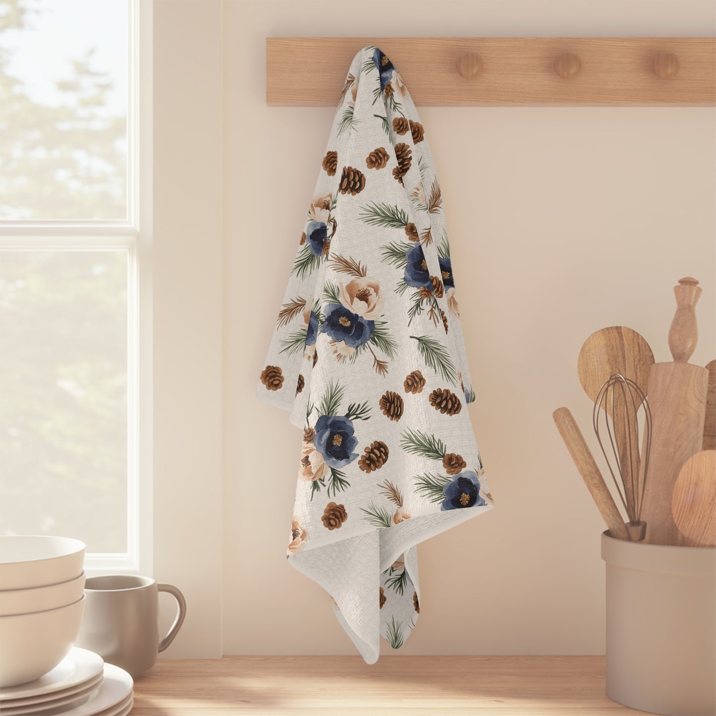 Winter Pinecone & Navy Floral Microfiber Tea Towel