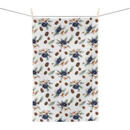 Winter Pinecone & Navy Floral Microfiber Tea Towel