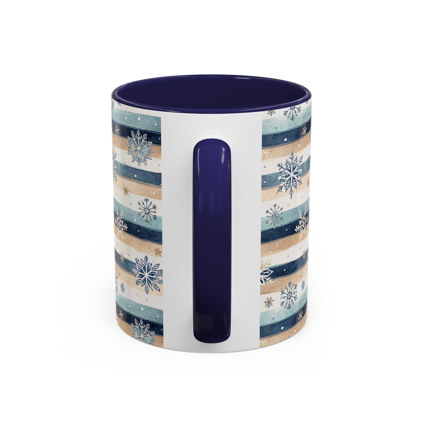 Winter Snowflake & Stripes ceramic mug with blue and sandy beige watercolor stripes, snowflakes, and a navy interior and handle.