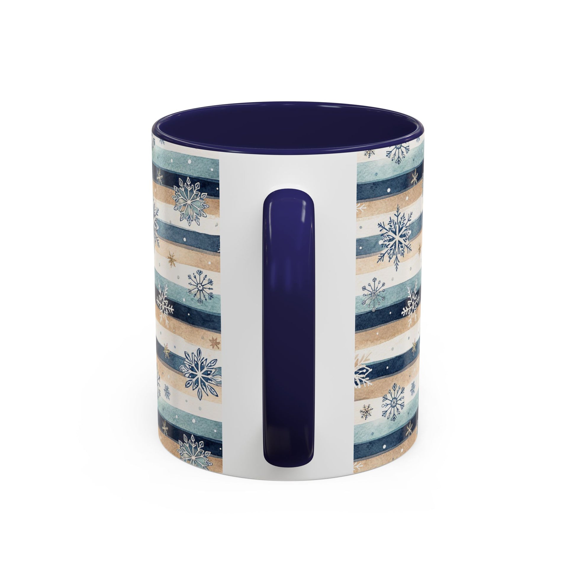 Winter Snowflake & Stripes ceramic mug with blue and sandy beige watercolor stripes, snowflakes, and a navy interior and handle.