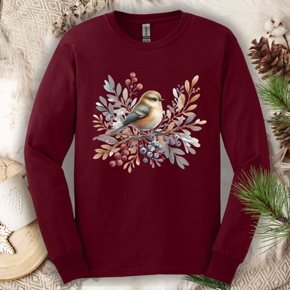 Maroon long sleeve tee with a boho-style sparrow on snowy branches with winter berries.