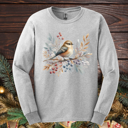 Ash gray Gildan long sleeve tee, size S, with a boho sparrow on snowy branches and winter berries.