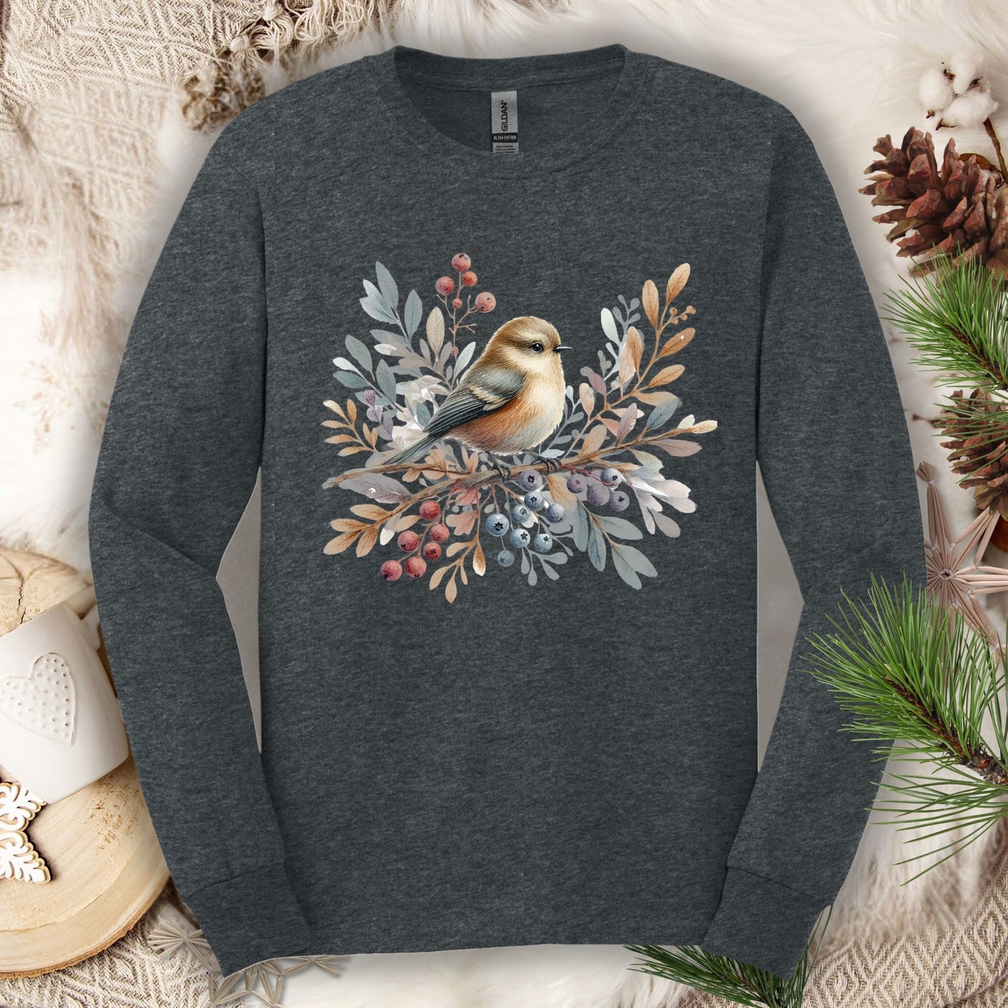 Dark Heather long sleeve tee with a boho sparrow on snowy branches with berries.