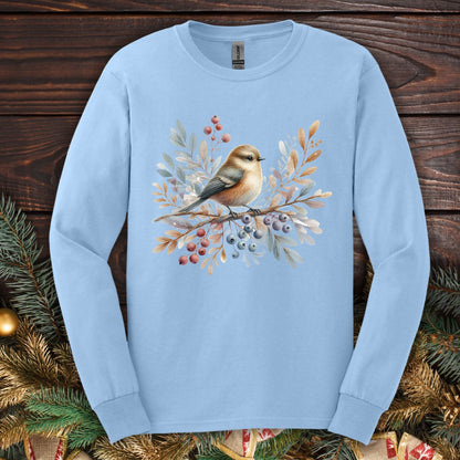 Light blue Gildan long sleeve tee with a boho sparrow on snowy branches and winter berries.
