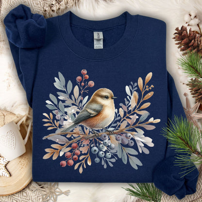 Navy Gildan crewneck sweatshirt with a watercolor winter sparrow, berries, and foliage design.