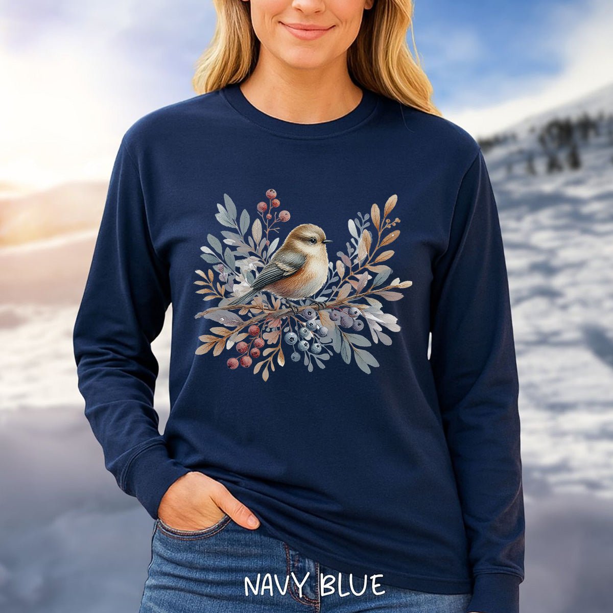 Winter Sparrow Watercolor Long Sleeve Tee