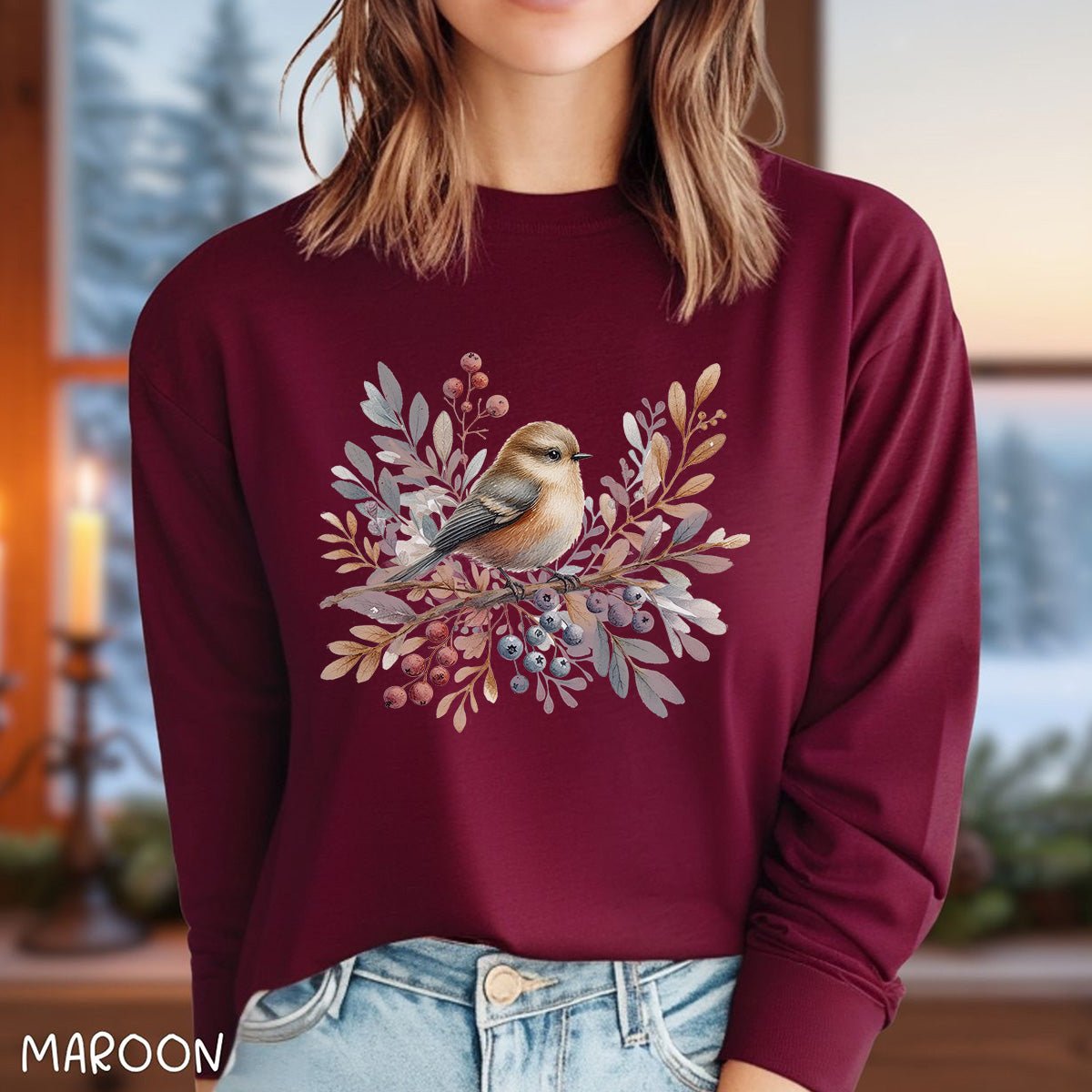 Winter Sparrow Watercolor Long Sleeve Tee