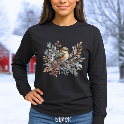 Winter Sparrow Watercolor Long Sleeve Tee