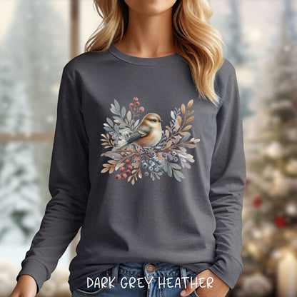 Winter Sparrow Watercolor Long Sleeve Tee