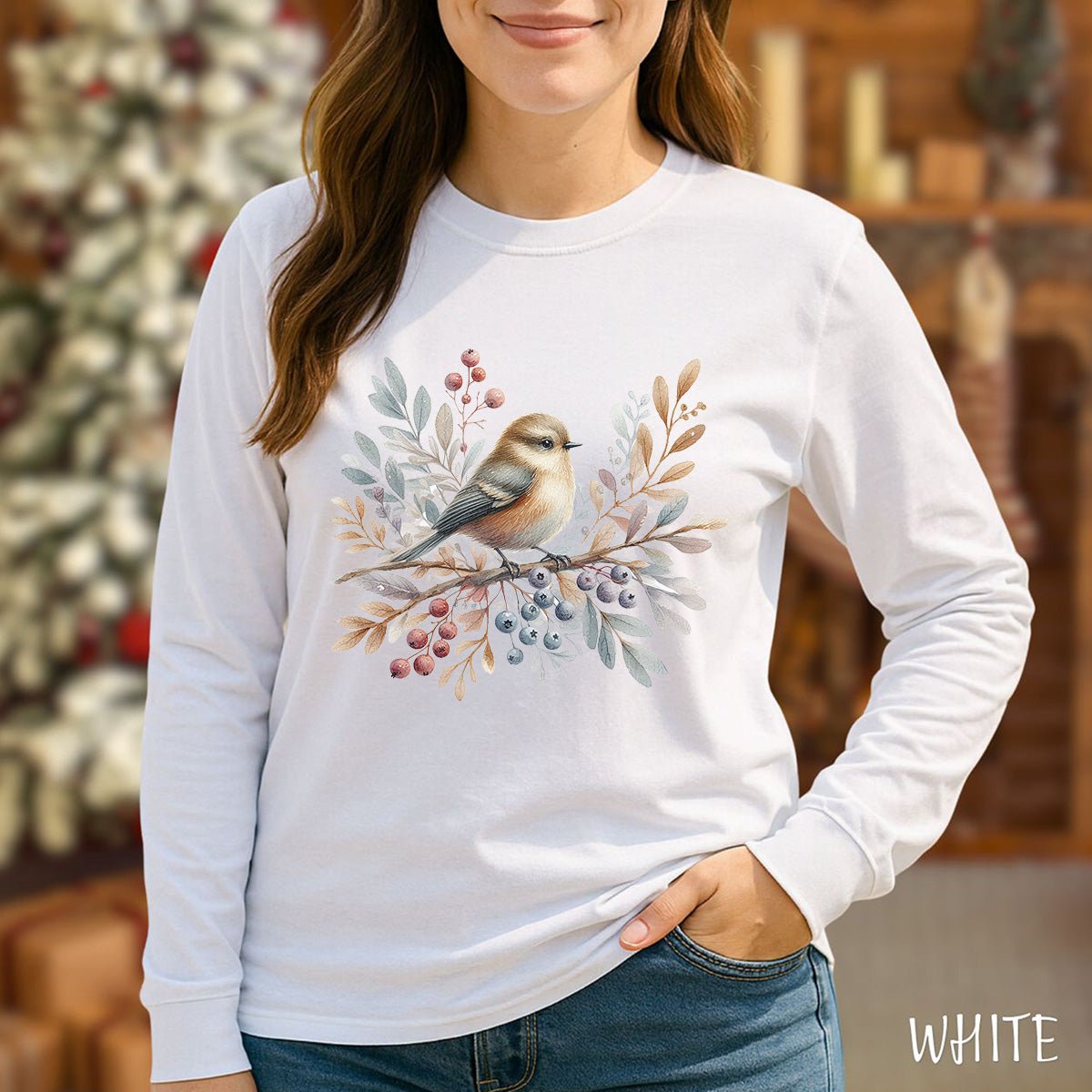 Winter Sparrow Watercolor Long Sleeve Tee