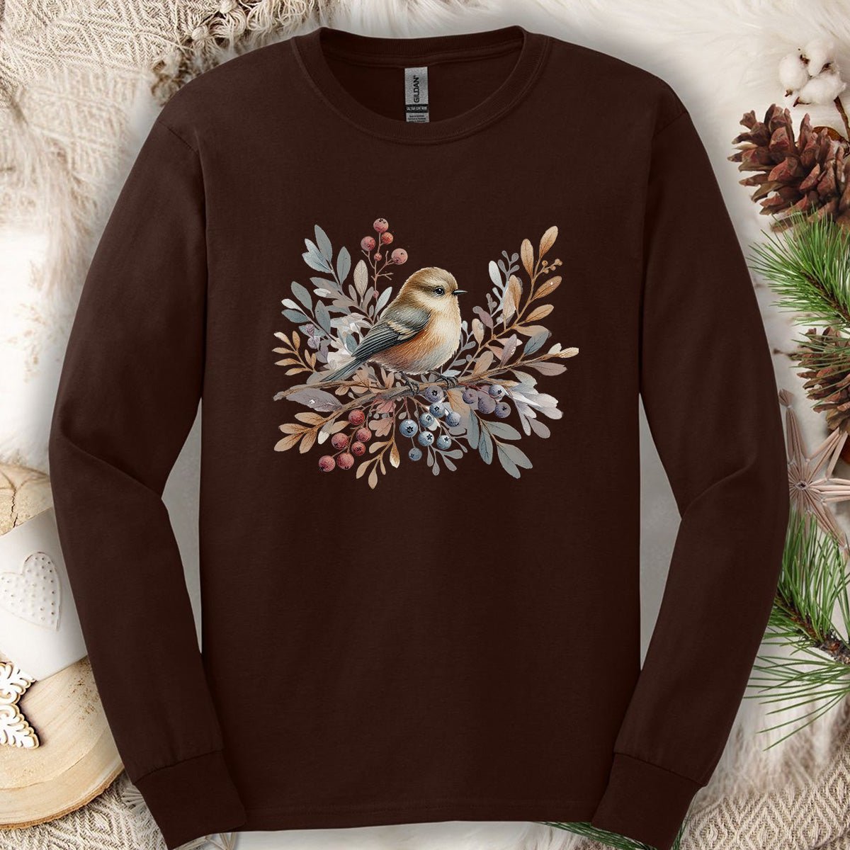 Winter Sparrow Watercolor Long Sleeve Tee