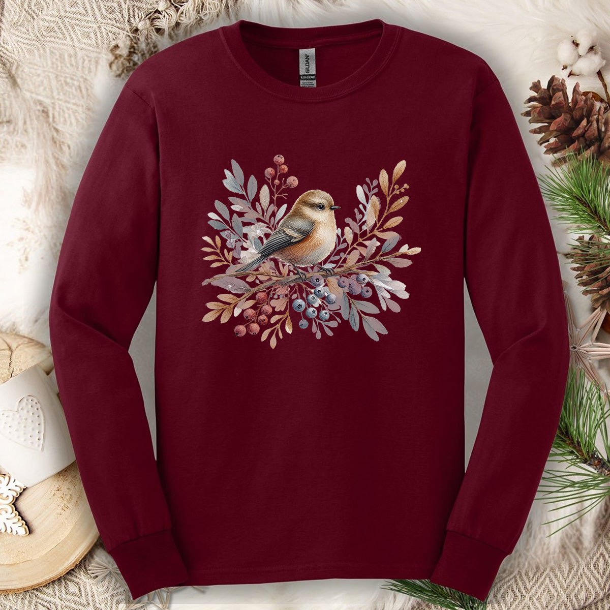 Winter Sparrow Watercolor Long Sleeve Tee