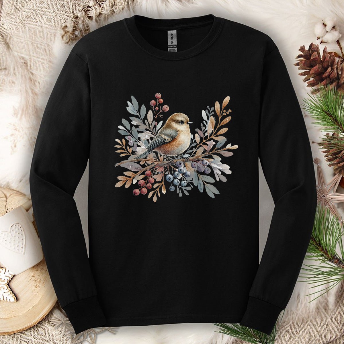 Winter Sparrow Watercolor Long Sleeve Tee