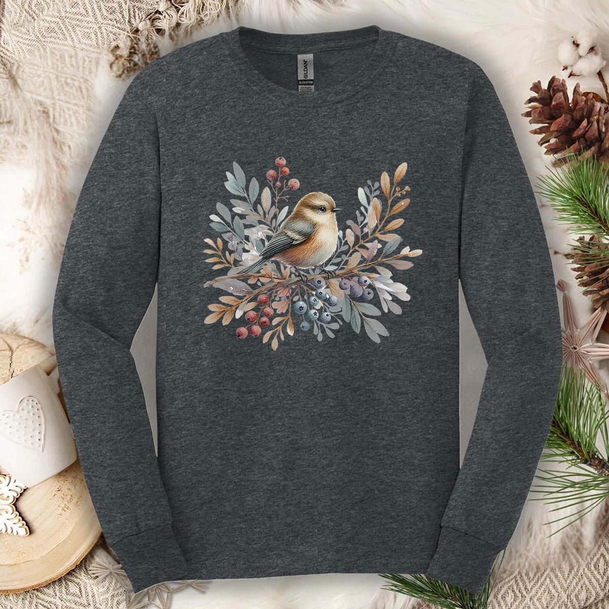Winter Sparrow Watercolor Long Sleeve Tee
