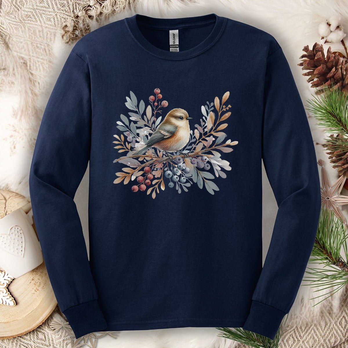 Winter Sparrow Watercolor Long Sleeve Tee