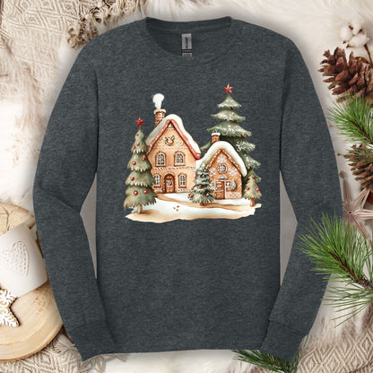 Dark Heather long sleeve tee with watercolor gingerbread houses, evergreens, and snow.