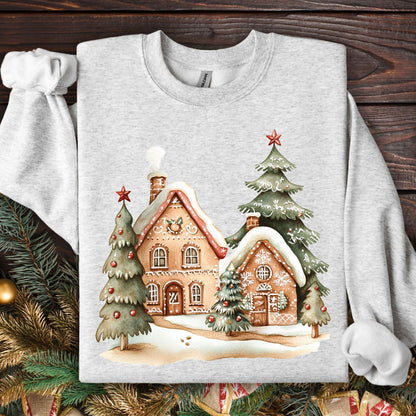 Ash Gildan 18000 sweatshirt with two gingerbread houses and Christmas trees design.