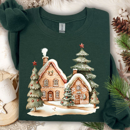 Forest Green Gildan 18000 sweatshirt with a whimsical gingerbread village and Christmas trees design.