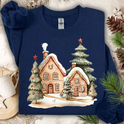 Navy Gildan 18000 sweatshirt with a gingerbread village and Christmas trees design.