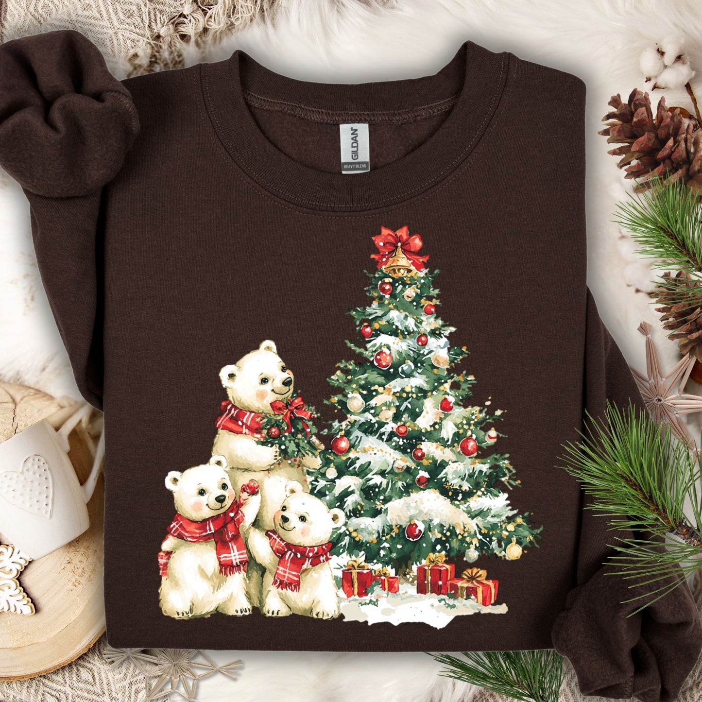 Dark Chocolate Gildan 18000 sweatshirt with watercolor polar bears decorating a snowy Christmas tree.