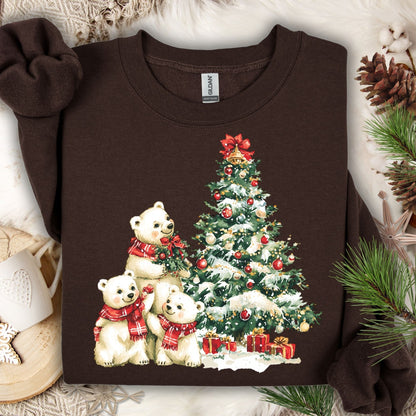 Dark Chocolate Gildan 18000 sweatshirt with watercolor polar bears decorating a snowy Christmas tree.