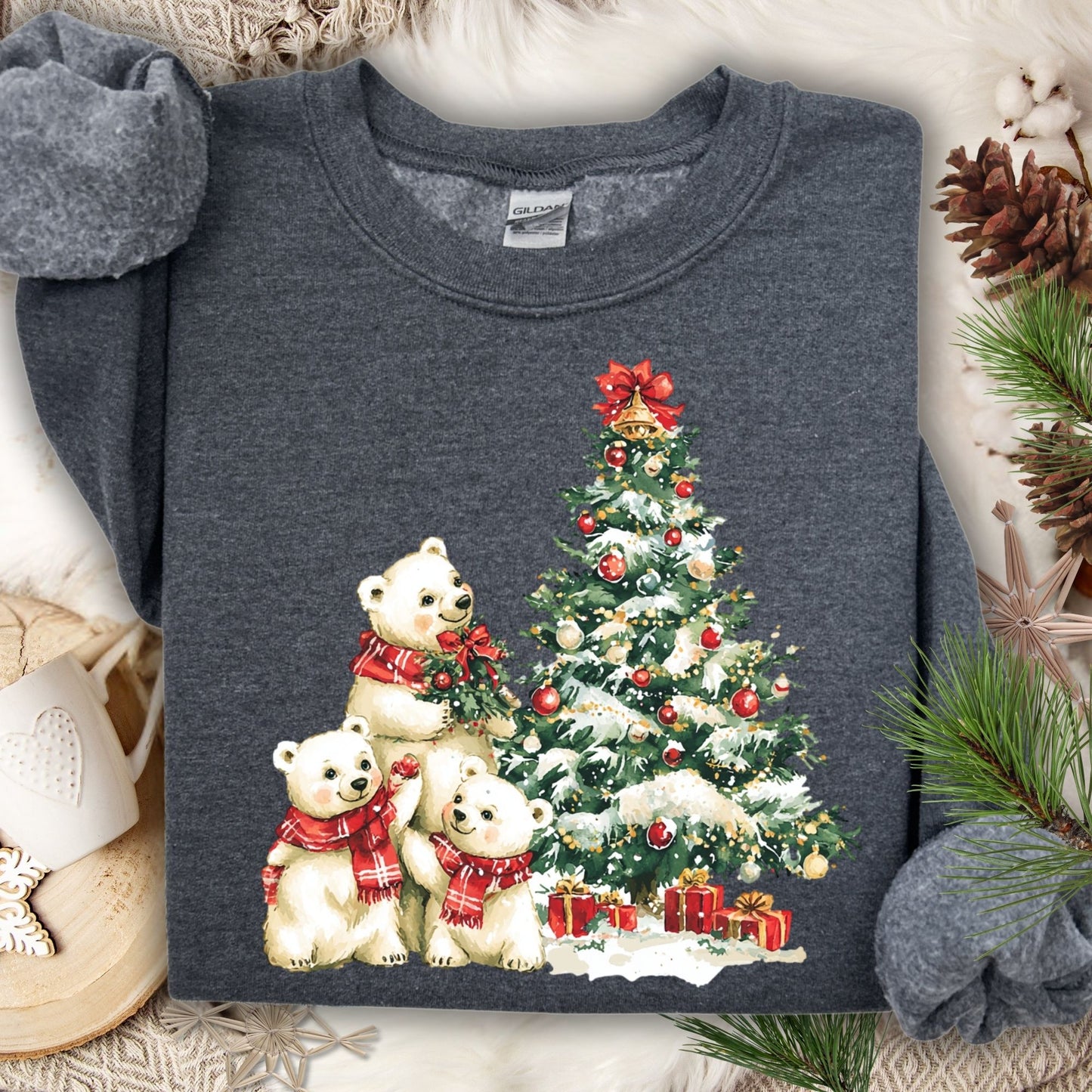 Dark Heather Gildan 18000 sweatshirt with watercolor polar bears trimming a Christmas tree.