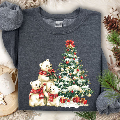 Dark Heather Gildan 18000 sweatshirt with watercolor polar bears trimming a Christmas tree.