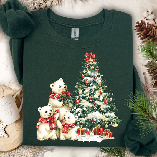 Forest Green Gildan 18000 sweatshirt with watercolor polar bears trimming a Christmas tree.