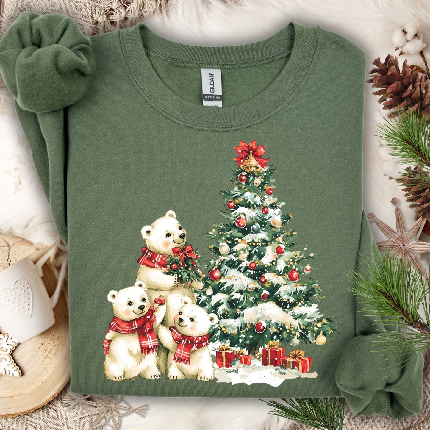 Military Green Gildan 18000 sweatshirt with watercolor polar bears decorating a Christmas tree.