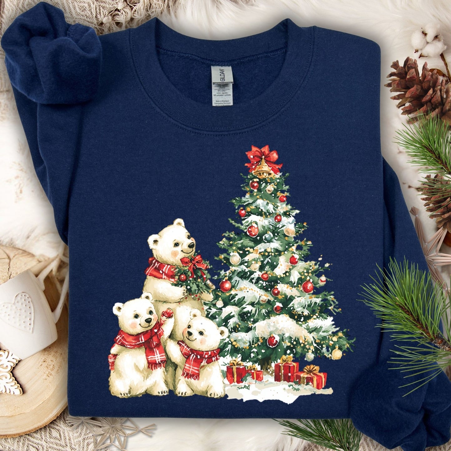 Navy Gildan 18000 sweatshirt with watercolor polar bears trimming a Christmas tree.