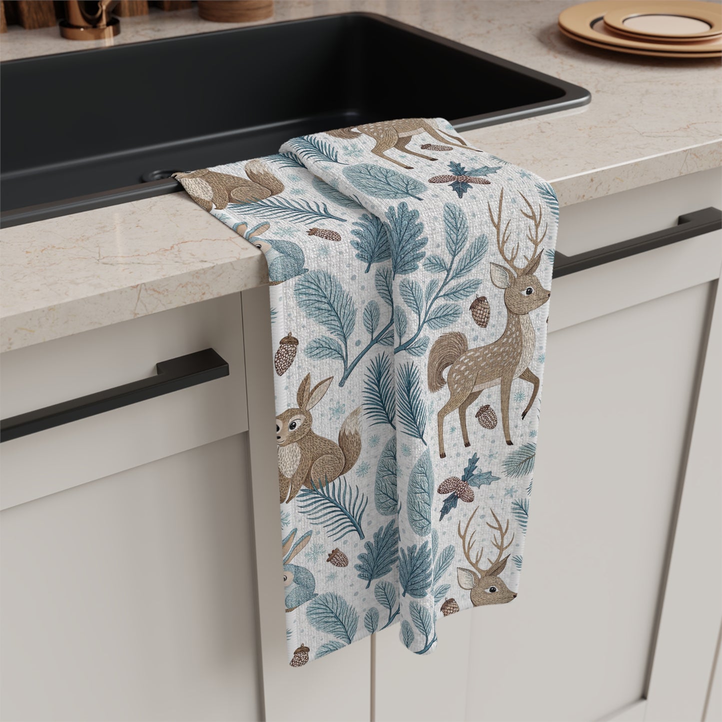 Winter Woodland Bunnies & Deer Microfiber Tea Towel