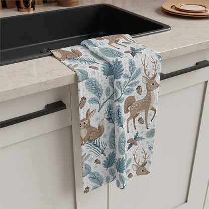 Winter Woodland Bunnies & Deer Microfiber Tea Towel