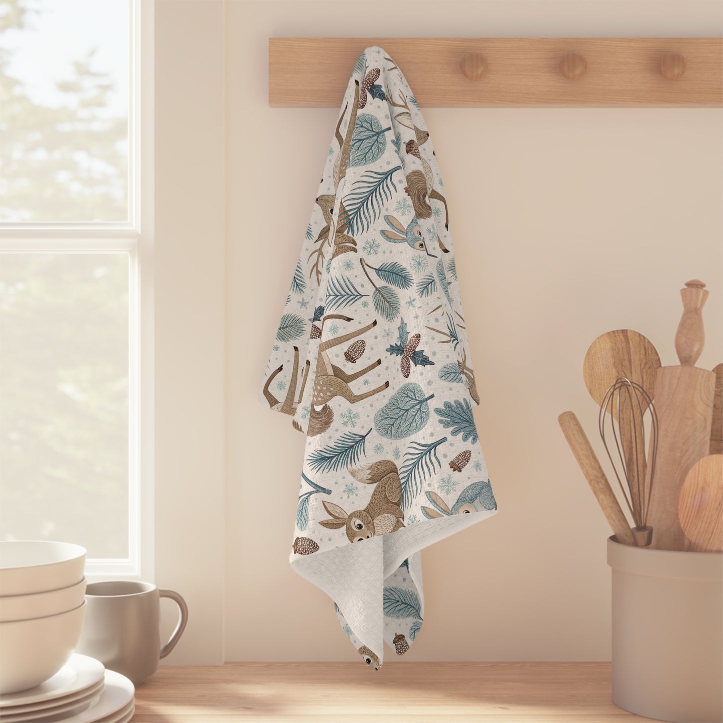 Winter Woodland Bunnies & Deer Microfiber Tea Towel