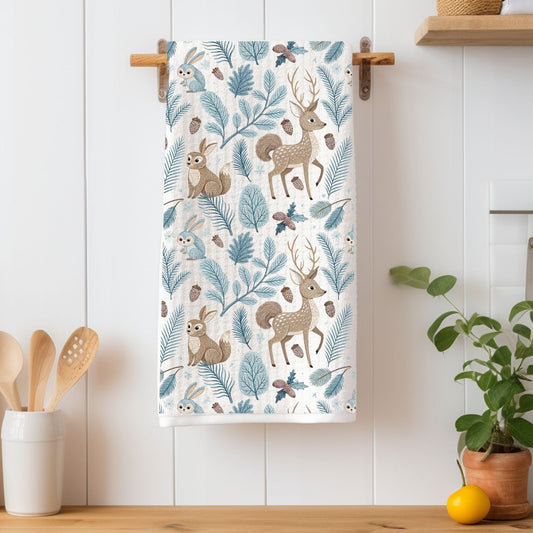 Winter Woodland Bunnies & Deer Microfiber Tea Towel