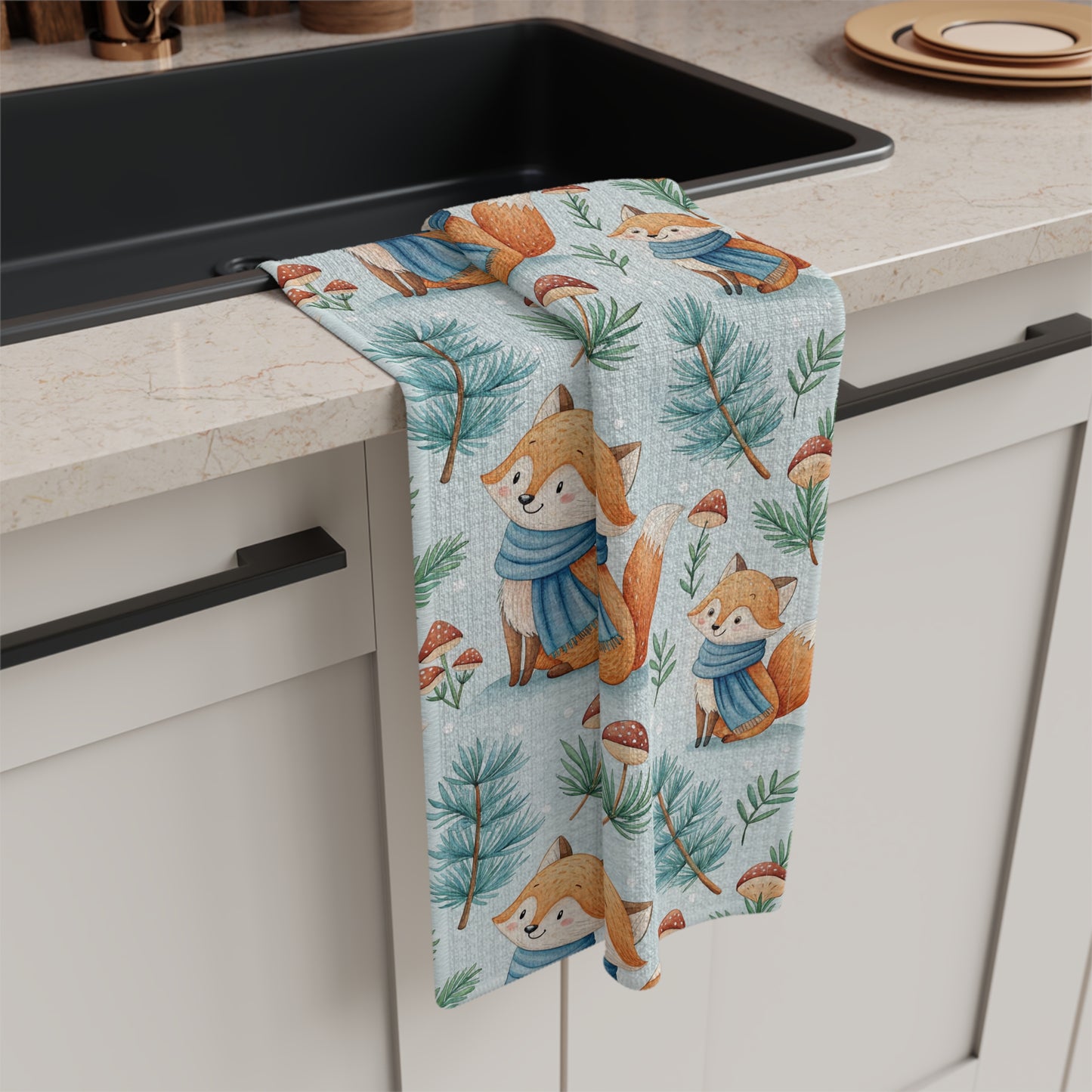 Winter Woodland Fox & Pines Microfiber Kitchen Towel