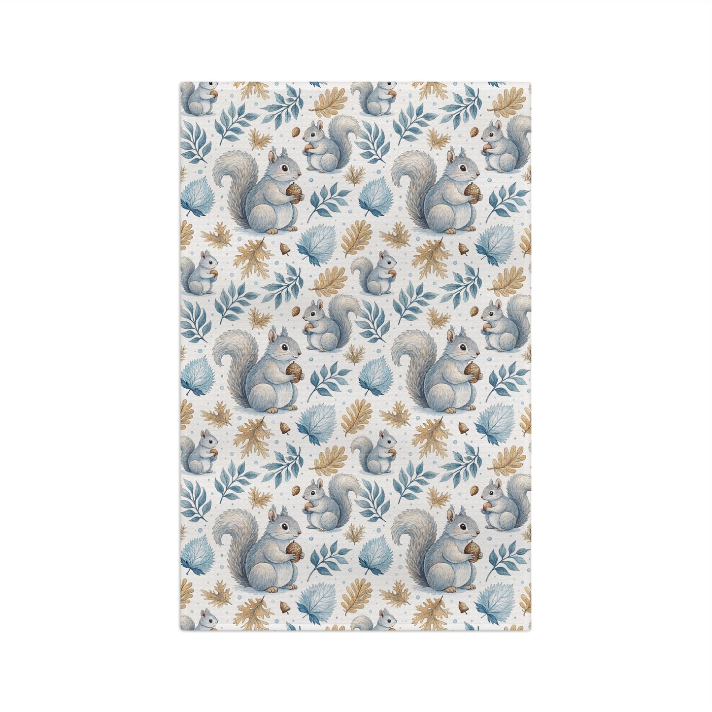 Microfiber tea towel with watercolor squirrels and autumn leaves in blues and ochres.